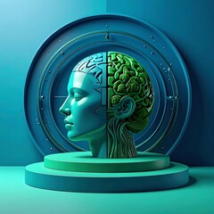 Human head split, blue and green, inside view of brain