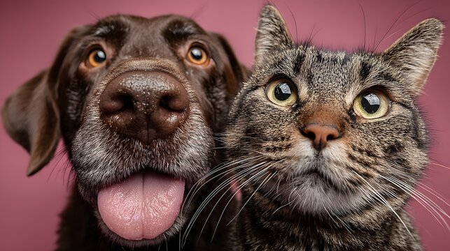 Funny studio portrait of a brown dog and a tabby cat side by side close up wide angle with animals licking their noses on a pink background.