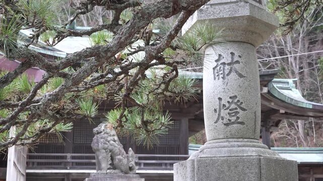 Stone lantern near shrine in Hachimangu Shrine Hakodate Japan. Close up