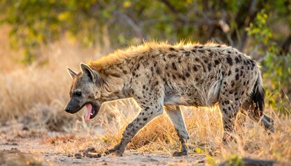 Hyena yawning in savanna sunlight, showcasing mottled fur