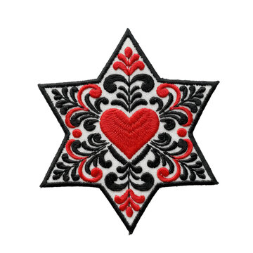 Star-shaped embroidered patch, intricate traditional folk art patterns in black, red, white, vivid red heart, visible stitches, on transparent background, concept of timeless tradition and enduring