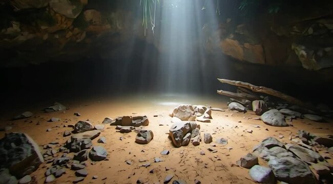 Interior goa mini dari tanah liat, gelap lembut dengan dinding melengkung basah. Tetesan air jatuh perlahan dari langit-langit batu, setiap jatuh memunculkan getaran bulat lucu seperti gelombang musik