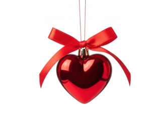 Red heart ornament with ribbon isolated on transparent background