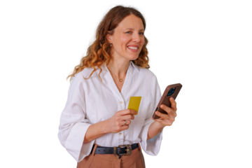 Woman paying for online shopping using smartphone and credit card, smiling, with transparent background