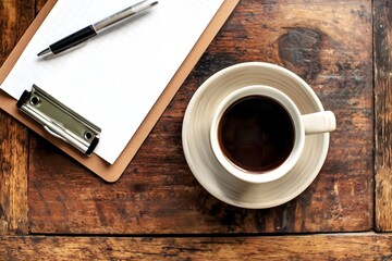 Coffee break with clipboard and pen on rustic wooden table