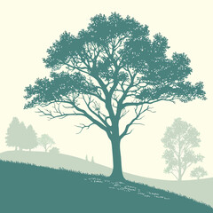 A serene landscape illustration showcases a large tree silhouetted against rolling hills and a soft muted background