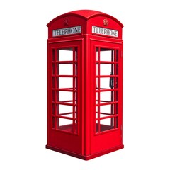 Iconic, bright red telephone booth, isolated against white background