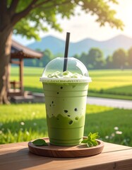 Iced green beverage with straw on a wooden stand outside