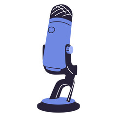 Desk microphone for conference and mass media communication. Mic on desktop stand with cable, wire.