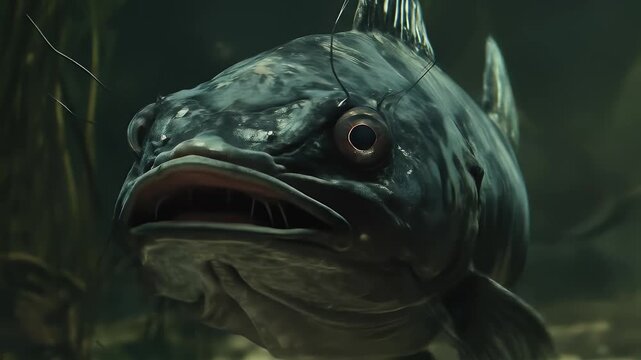 Fish face in dark water with whiskers, close-up