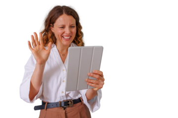 Woman smiling and waving during a video call on a tablet, happy with remote communication on transparent background