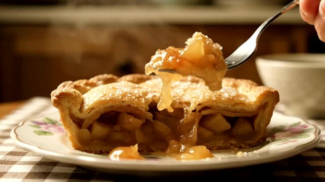 Delicious Apple Pie Slice Being Served with Fork.