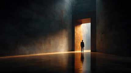 Obraz premium Solitary figure framed by doorway in minimal interior 