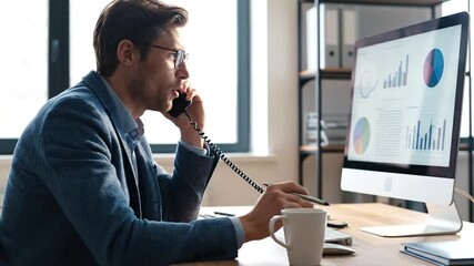 Businessman working on computer and talking on phone in modern office, analyzing financial data and charts. - Powered by Adobe