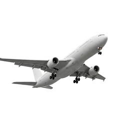 Obraz premium White commercial jet airplane flying side view landing gear down blank livery isolated transparent background high quality PNG format