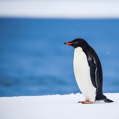 Fototapeta premium Penguin standing alone on snowy landscape with ocean background.