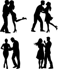 Silhouettes of couples in various affectionate and romantic poses including dancing kissing and embracing depicting joy and connection in relationships
