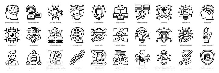 Future Technology icon collection line style. containing Artificial intelligence, Chatbot, Assistant, Global Network, AI Education, Partnership, Cloud Database