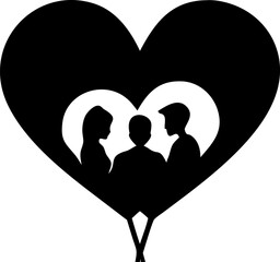 Heart-shaped frame encompassing silhouettes of three individuals suggesting themes of polyamory friendship or inclusive love within a relationship context