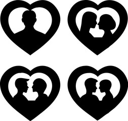 Diverse couple silhouettes in heart shapes representing love romance and relationships set against a transparent background vector illustration