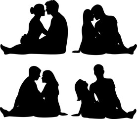 Intimate silhouettes of couples sitting together embracing and kissing vector illustration showcasing affection romance and passion between partners in various tender poses and styles