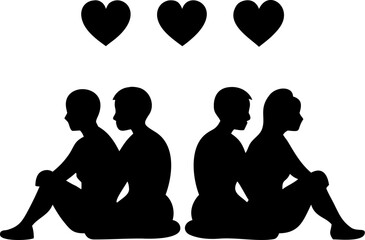 Four people sitting back to back in silhouette two couples facing away from each other potentially indicating distance or conflict in relationship status vector illustration with hearts above