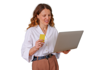 Woman holding credit card and laptop, shopping online, managing finances and e-commerce transactions