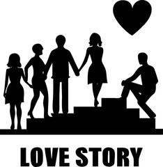 Black silhouette of group of people standing on steps representing stages of relationship with large heart above illustration