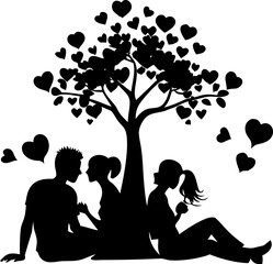 Silhouettes of three friends sitting under spreading tree full of hearts showing affection and close bond in park setting vector graphic