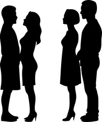 Silhouettes of two couples standing close facing each other showcasing moments of romantic interest and intimate relationship building vector art