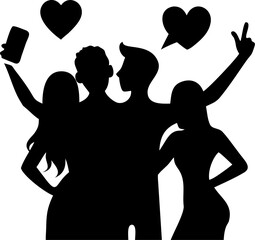 Silhouette group of friends taking selfie with phone having fun together at party or celebration event with heart symbols above heads representing love and friendship bond in black