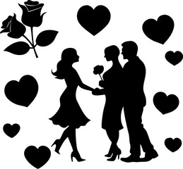 Romantic scene with silhouettes of couple holding hands near woman presenting flower to man surrounded by roses and many floating hearts vector art
