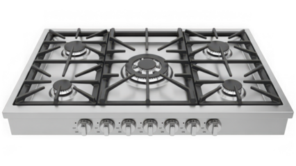 Stainless steel gas cooktop with five burners and control knobs isolated on transparent background