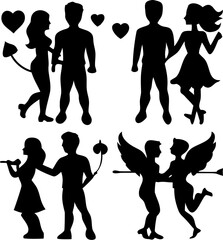 Couple silhouettes embracing with hearts and cupid motifs on transparent background romantic valentine day love illustration