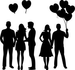 Silhouettes of multiple individuals and two couples with heart-shaped balloons and single hearts floating above celebrating love and connection