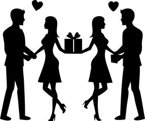 Couple silhouettes holding hands and giving gift box, valentine romance celebration illustration with hearts transparent background