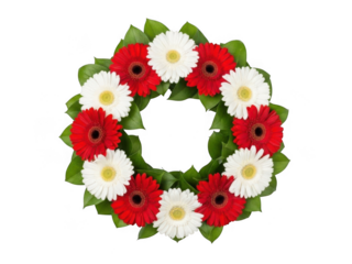 Floral wreath with red and white gerbera daisies isolated on transparent background