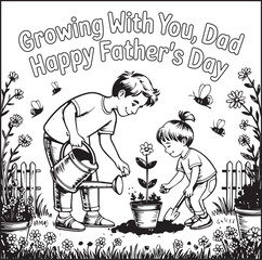 Obraz premium Happy fathers day coloring page with motivational father day quote black outline vector illustration for kids book design elements