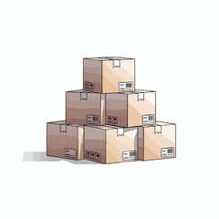 A stack of cardboard boxes with labels and handling symbols, on white background