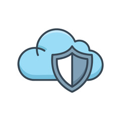 A stylized cloud with a shield icon, blue and gray, set against a white backdrop
