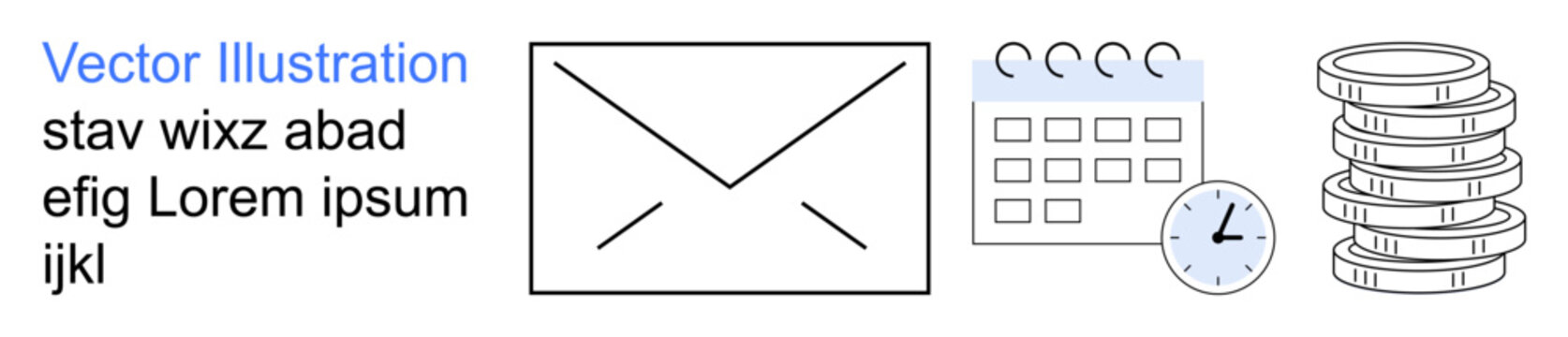 Communication, time management, financial planning, online services, business tools, scheduling. Envelope icon with calendar, stack of coins and clock. Communication and time management