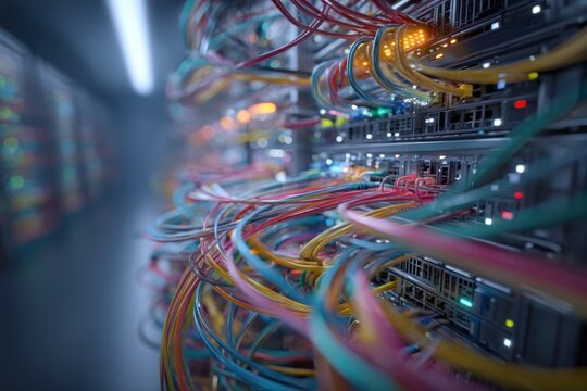 Data center server rack with network cables - Powered by Adobe