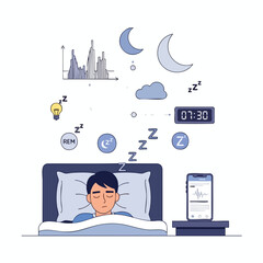 Illustration of person sleeping with sleep symbols and phone tracking sleep patterns