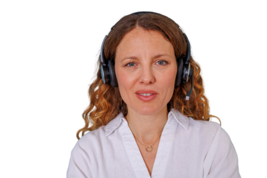 Confident customer service agent wearing headset working in a call center, providing remote online support on transparent background - Powered by Adobe
