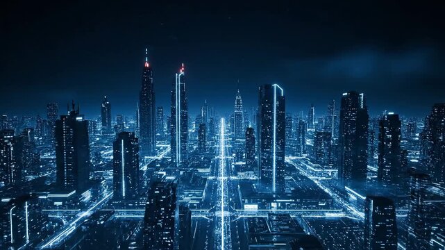 Futuristic Smart City Skyline With Digital Lights and Data Visualization