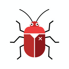 Red insect with black legs, antennae, a divided body, and a white X on it