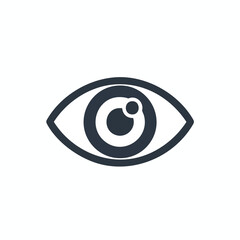 Stylized eye icon in dark blue with pupil and iris details against white