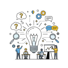 Colorful illustration of teamwork with lightbulb, gears, and question marks