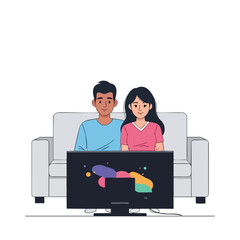 A couple watches TV on a grey couch; the screen shows colorful blobs
