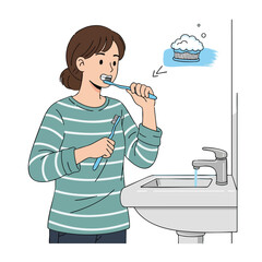 A person in a striped shirt brushes teeth, sink and a toothbrush graphic present